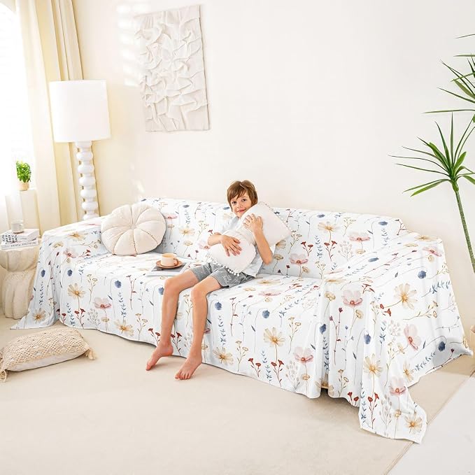 Erosebridal Watercolor Floral Sofa Cover Coral Beige Flower Couch Cover Modern Minimalist White Sofa Protector 71" X 150" Rustic Farmhouse Washable Non Slip Couch Protector for Pet Cats Kids - Image 4