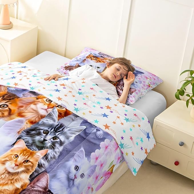 Feelyou Kids Cartoon Cat Bedding Set Cute Animal Flowers Comforter Set Boys Girls Pet Cat Lovers Pink Comforter Various Categories Cat Decor Quilt with 2 Pillowcases 3Pcs Bedding Queen Boys - Image 7