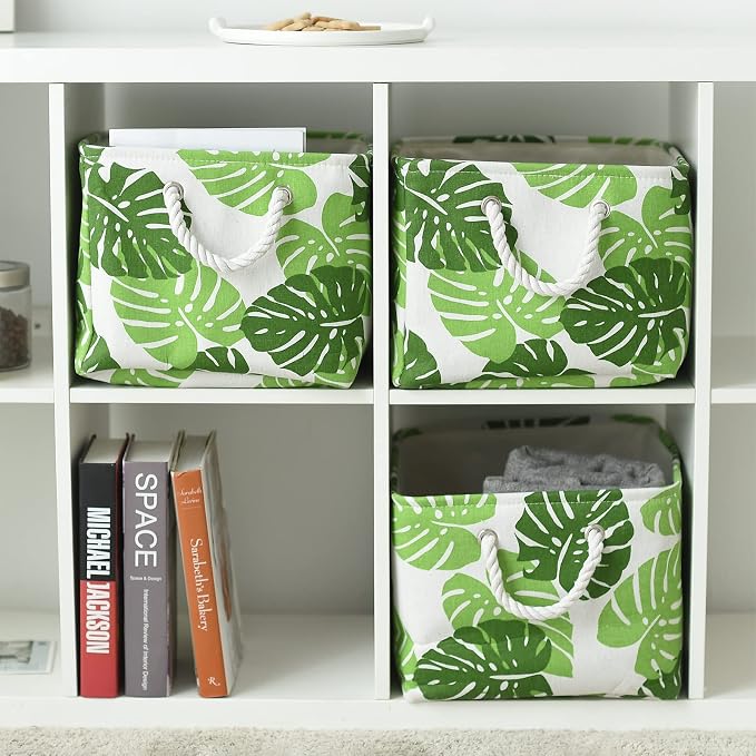Storage Cubes, Storage Bins Baskets for Organizing 4 Pack for Organizing Toys, Clothes, Closet Baskets with Rope Handles for Nursery Home(White and Green,15.7"L×11.8"W×8.2"H) - Image 5