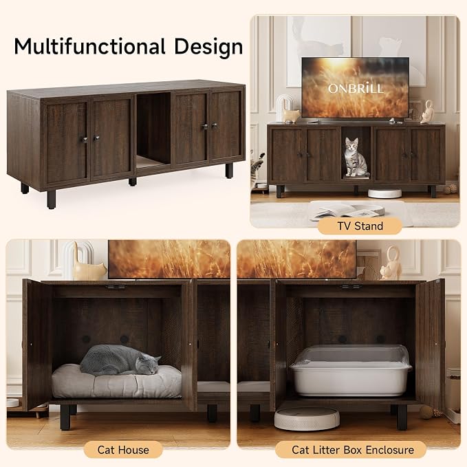 ONBRILL 59 Inches Cat Litter Box Enclosure for 2 Cats, Hidden Litter Boxes Furniture with Cat Scratch Pad, Large Indoor Pet House with Double Room, Wooden TV Stand Side Table, Brown - Image 7