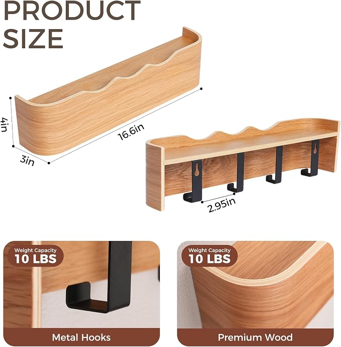 Coat Rack Wall Mount with Shelf Entryway Shelf Modern Key Holder Hanger Wall Shelves with Hidden Hooks for Hanging Towels Coats Hats Bags for Hallway Bathroom Bedroom(Wavy Oak, 4 Hooks) - Image 2