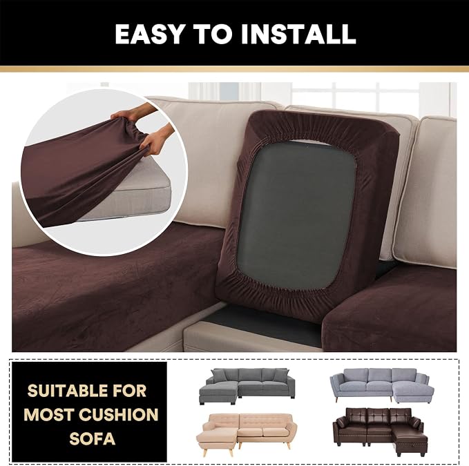 PrinceDeco Sectional Couch Covers 3 Pieces Velvet Sofa Covers L Shape Soft Couch Covers for Sectional Sofa Corner Sofa Cover Couch Cover for Dogs Washable (2 Seater + 1 Chaise,Brown) - Image 6