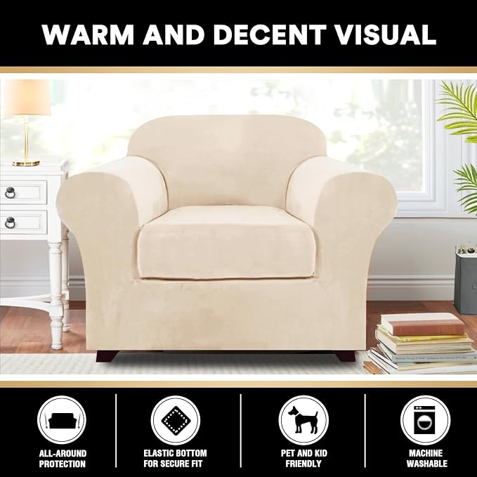 PrinceDeco Velvet Plush Couch Cover Stretch 2 Piece Chair Cover Chair Slipcover Washable Furniture Protector Couch Soft with Elastic Bottom Armchair Cover Width Up to 49 Inch(Small, Cream) - Image 6