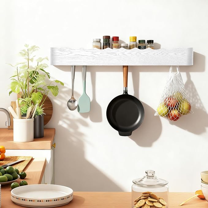 Coat Rack Wall Mount with Shelf Entryway Shelf Modern Key Holder Hanger Wall Shelves with Hidden Hooks for Hanging Towels Coats Hats Bags for Hallway Bathroom Bedroom (Wavy White, 8 Hooks) - Image 7
