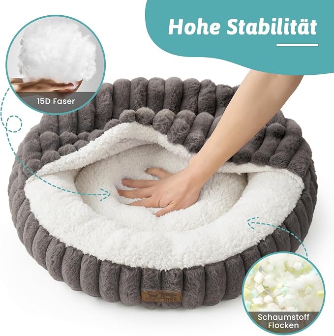 Cat Bed with Hooded Blanket, Round Fluffy Anti-Anxiety Pet Bed for Cats/Small Dogs, Cozy Donut Cuddler with Machine Washable Faux Fur & Anti-Slip Bottom(23"×23"×6",Grey) - Image 5