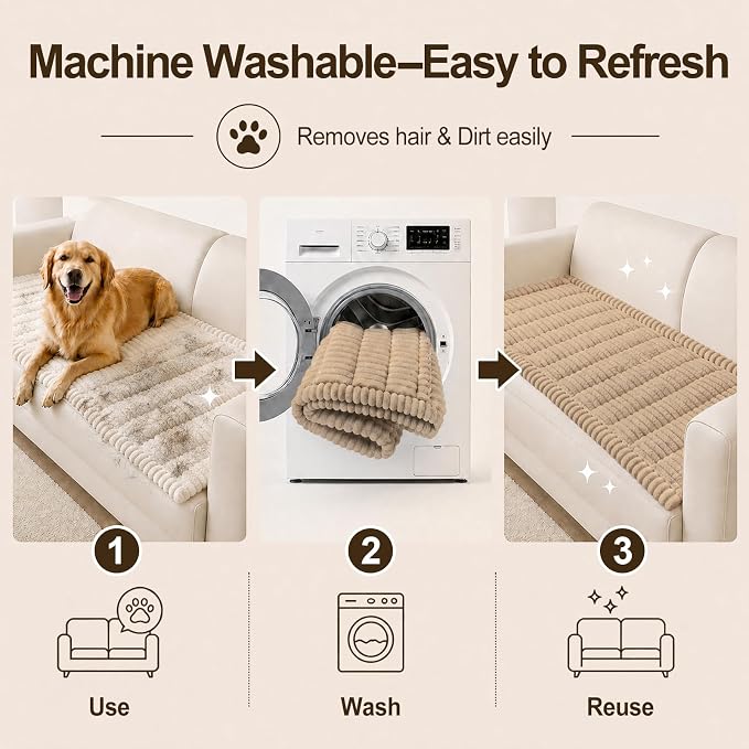 decorUhome Couch Cover for Dogs, Non Slip Fuzzy Thick Pet Sofa Protector | Pet Friendly, Machine Washable, Fits 3-Cushion Sofa, Protects Against Pet Hair & Daily Messes, Khaki, 27.6" x 70.9" - Image 8