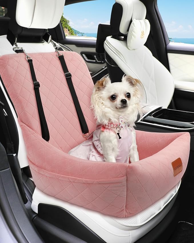 WOOAIDAGG Dog Car Seat for Small Dogs Up to 25lbs,Soft Washable Fabric Fill in Memory Foam,Easy to Assemble with 2 Clip-On Safety Leashes and Storage Pockets,Front or Back Seat are Both OK (Pink) - Image 6