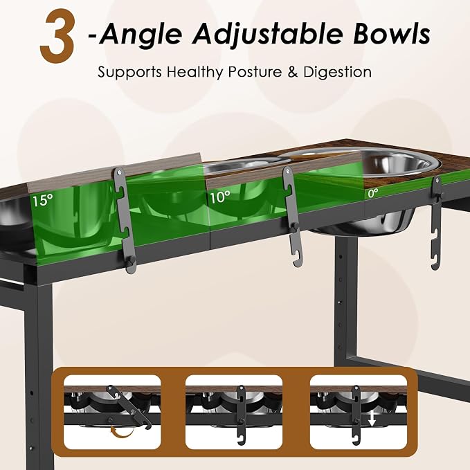 5-Height Adjustment 15"-20.5", Raised Dog Bowl Stand for Large Dogs | 3-Bowl Feeding Station; 304 Stainless Steel Bowls, 101oz Each; 3-Angle Tilt Reduces Vomiting; Solid iron Frame - Image 4