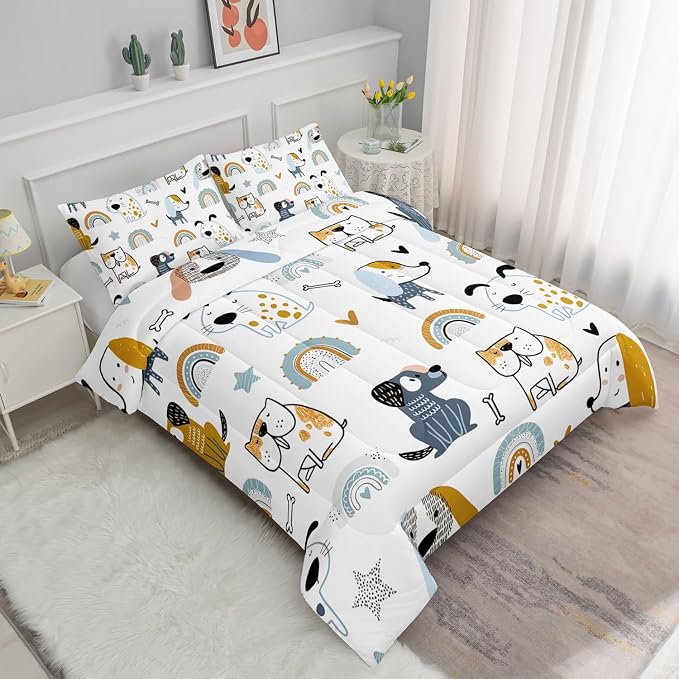 Cartoon Dog Comforter Set Rainbow Bones Printed Bedding Set with 1 Comforter and 2 Pillowcases for Boys and Girls Bedroom All Season(Dog Twin) - Image 2
