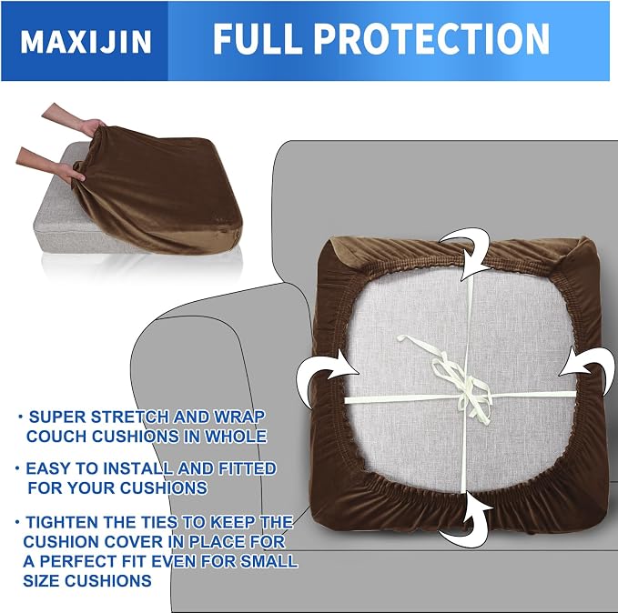 MAXIJIN Velvet Stretch Cushion Covers Fitted Couch Cushion Slipcovers Sofa Seat Cushion Covers for Individual Cushions with Elastic Bottom (3 Piece Sofa Seat Slipcovers, Dark Coffee) - Image 4