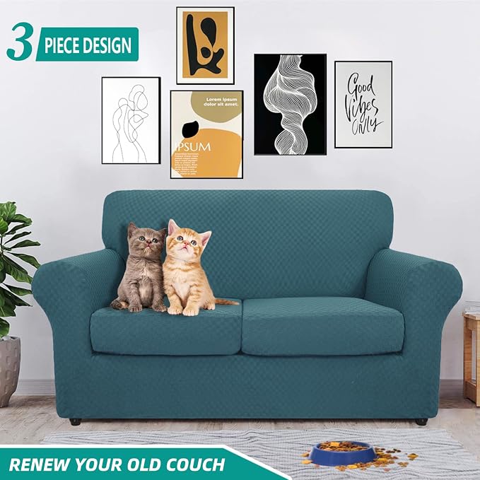 YEMYHOM Latest Checkered 3 Pieces Couch Covers for 2 Cushion Couch High Stretch Thickened Love Seat Sofa Cover for Dogs Pets Anti Slip Elastic Loveseat Slipcover Protector (Teal), 55"-69"(2 Cushions) - Image 2