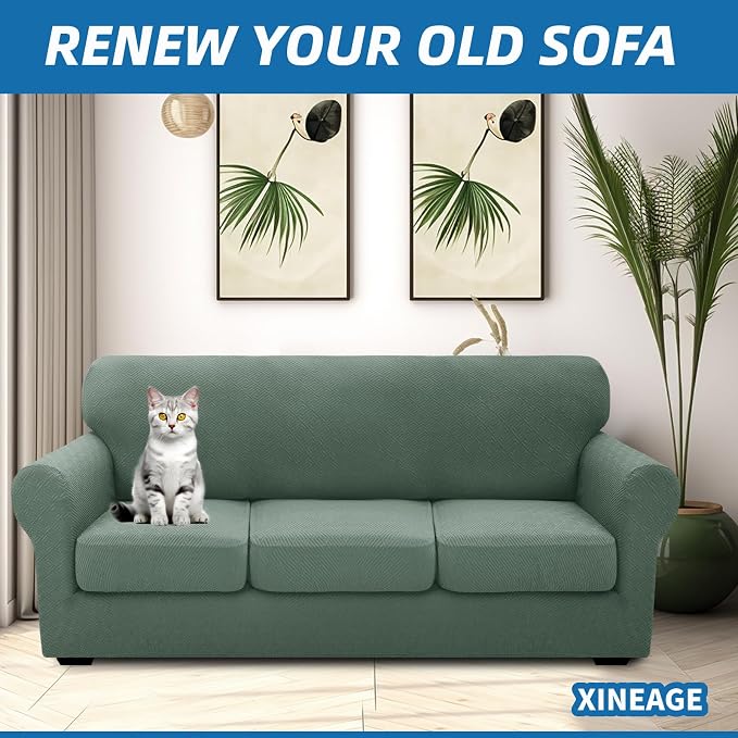XINEAGE New 4 Pieces Extra Large Couch Covers for 3 Cushion Sofa Super Stretch Sofa Cover for 3 Large Seat Cushion Universal Slip Cover for Living Room (Pea Green), 91"-110"(3 Cushions) - Image 4