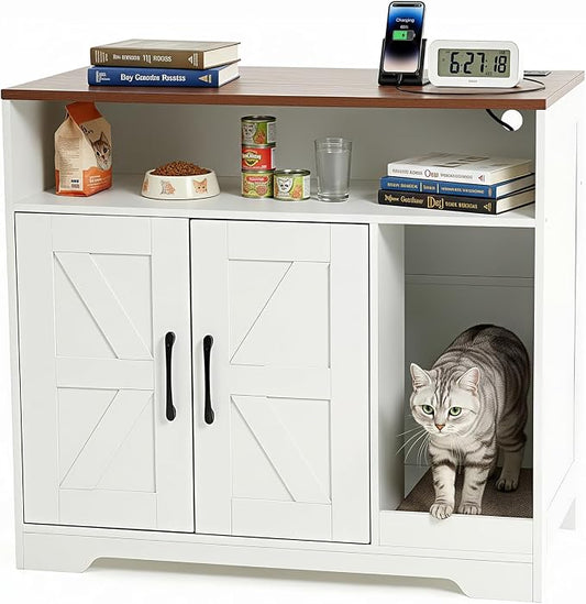 Cat Litter Box Enclosure, Hidden Litter Box Furniture with Charging Station, Cat Cabinet with Scratch Pad & 2-Tier Storage, Farmhouse Indoor Cat House Living Room End Table Hallway, White by Unknown