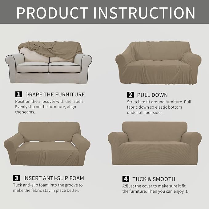 Easy-Going Stretch Oversized Loveseat Couch Covers Washable Natural | 1-Piece Large Loveseat Cover for 2 Cushion Couch Furniture Protector RV Sofa Slipcover Soft with Bottom for Kids Pets - Image 6