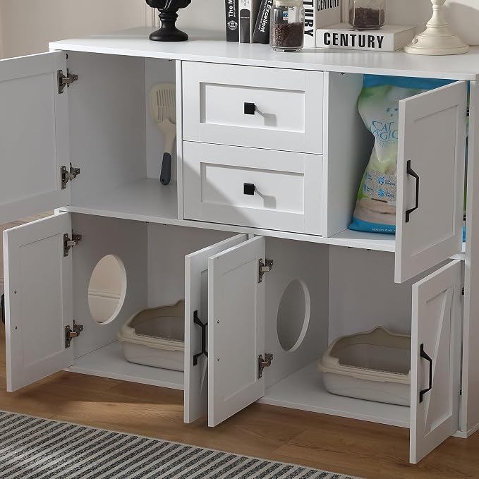 Forest Gravity Large Dog-Proof Double Cat Litter Box Enclosure with Storage for 2 Cats,Cat Washroom Cabinet with 2 Drawers,47.6'' Modern Dual Litter Box Furniture Cabinet with Compartments,White - Image 10