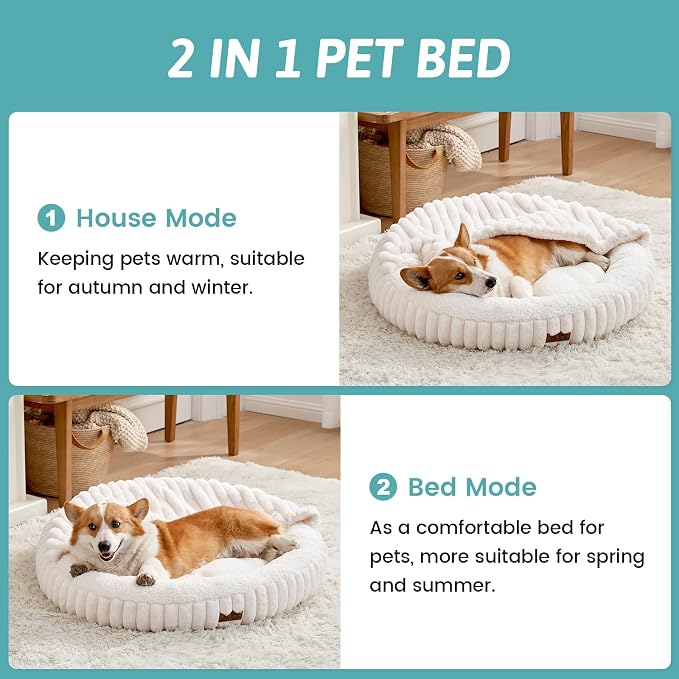 Small Dog Bed with Hooded Blanket, Round Fluffy Anti-Anxiety Pet Bed for Small Dogs & Medium Dogs, Cozy Donut Cuddler with Machine Washable Faux Fur & Anti-Slip Bottom(26"×26"×7",Cream) - Image 3