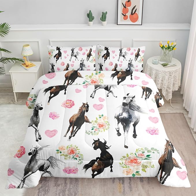 Western Horse Comforter Set Retro Floral Printed Bedding Set with 1 Comforter and 2 Pillowcases for Boys and Girls Bedroom All Season(Horse Twin) by SmellSunshine