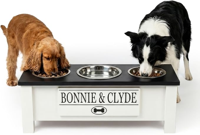 3 Bowl Dog Feeding Station, Personalized Triple Bowl Food Stand Medium Dogs | Farmhouse Style, Elevated Wood Stand, Storage Container, Stainless Steel Bowls, Raised Anti-Slip Feeder, Made in USA by GrooveThisWoodshop