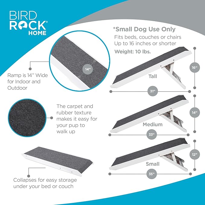 BIRDROCK HOME Adjustable Pet Ramp for Small Dogs, Cats, Puppies - Foldable Wooden Dog Ramp for Couch, Bed, Car - Indoor or Outdoor- Safe, Portable, Non-Slip Carpet - 16", White