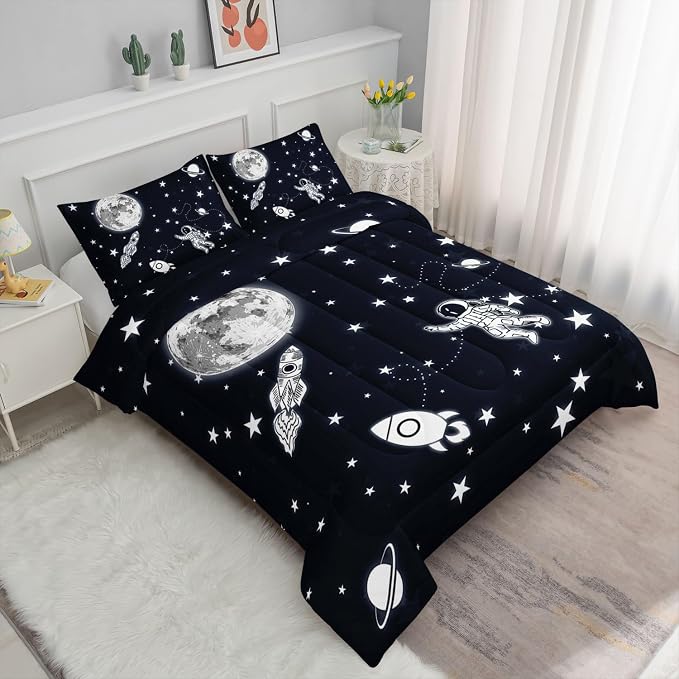Astronaut Space Rocket Comforter Set 3D Printed Bedding Set with 1 Comforter and 2 Pillowcases for Boys and Girls Bedroom All Season(Space Queen) - Image 2