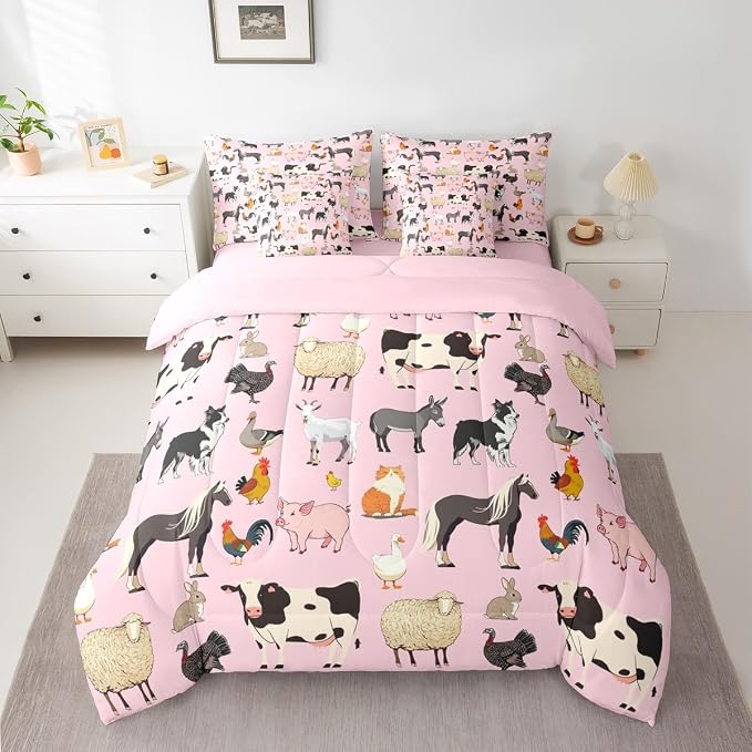 Erosebridal Queen Size Farm Animal Comforter Set with Sheets Boys Girls Cartoon Animals 7 Piece Bedding Sets for Kids Cute Rustic Pink Bed in A Bag Funny Country Animal Theme Bed Set - Image 3