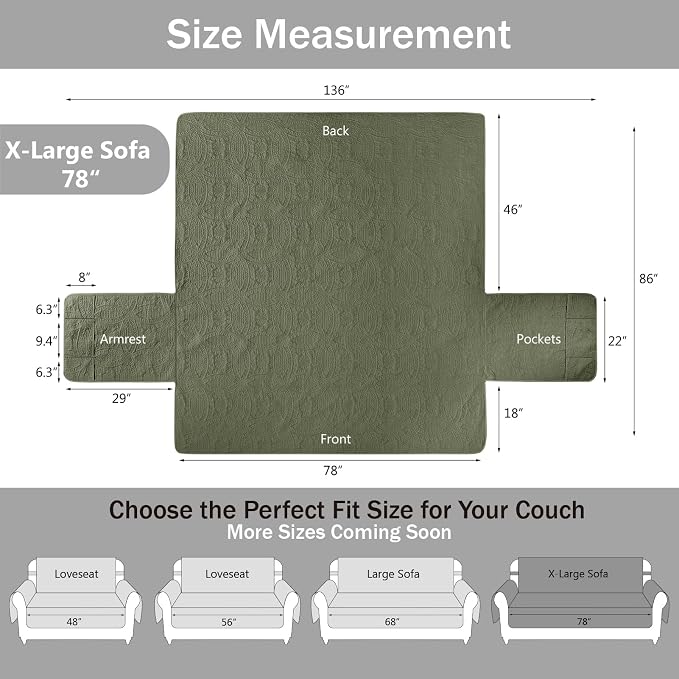Olive Green Quilted Couch Cover with Pockets for Extra-Large Sofa, Anti-Slip Sofa Covers for Dogs Washable, Pet Friendly Oversized Sofa Cover Water-Repellent (X-Large Sofa 78", Olive Green) - Image 6