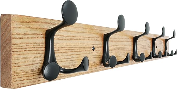 SKOLOO 30-Inch Wood Coat Rack Wall Mount with 5 Triple Hooks - Ideal for Family Entrances, Classrooms, and Pet Supplies Storage - Perfect Coat Hooks for Wall, Black on Natural by SKOLOO