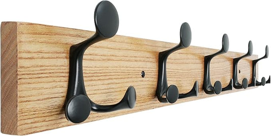 SKOLOO 30-Inch Wood Coat Rack Wall Mount with 5 Triple Hooks - Ideal for Family Entrances, Classrooms, and Pet Supplies Storage - Perfect Coat Hooks for Wall, Black on Natural by SKOLOO