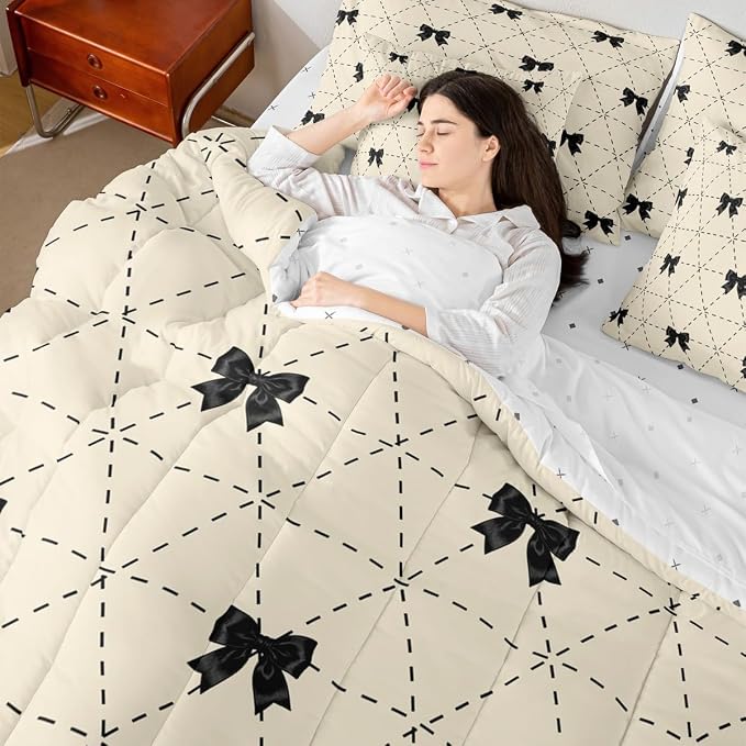 Erosebridal Black Bow 7 Piece Comforter Set Twin for Kids Bedroom | Modern Bow Tie Bedding Set for Girls Coquette Bows Comforter with Sheets Girly Bowknot Striped Geometric Soft Warm Quilt Duvet - Image 5