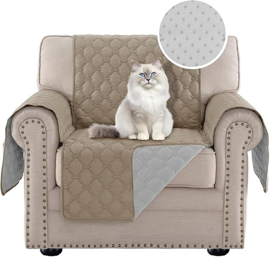 PrinceDeco Chair Cover Slipcover Water Resistant Couch Cover Washable Chair Cover Non-Slip Stay in Place Furniture Protector for Pets Dog Kids(Armchair Cover,Taupe) by PrinceDeco