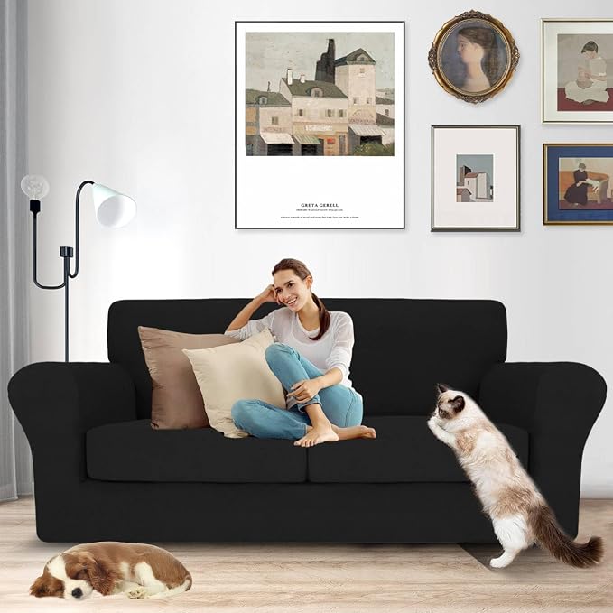 MAXIJIN 3 Piece Couch Covers for 2 Cushion Couch Sofa Cover, Stretch Loveseat Sofa Slipcovers for Sofas with 2 Large Cushions, Thick Dogs Pet Furniture Covers (71"-91", Black) - Image 2