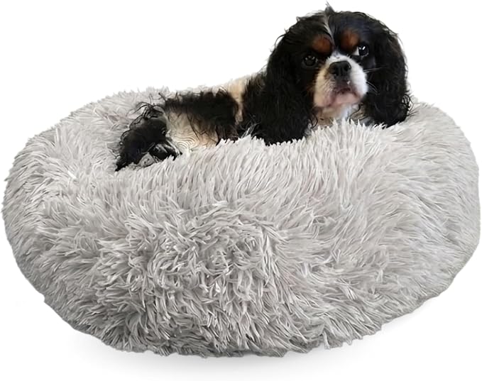 Active Pets Premium Small Donut Dog Bed, Fits Up to 45 lbs, Machine Washable Cushion, Plush Long Pile Faux Fur Fabric, Portable Light Grey Pet Bed Furniture for Puppies Adult Canines & Cats by ActivePets