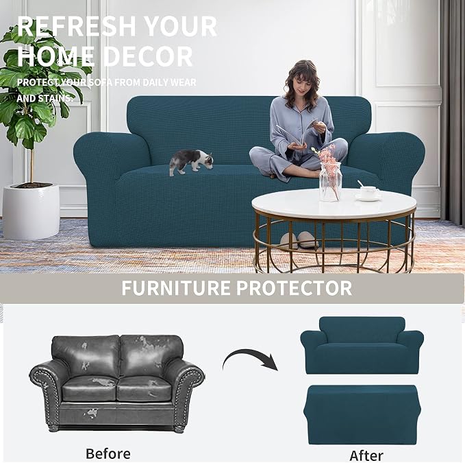 Easy-Going Stretch Oversized Loveseat Couch Covers Washable Deep Teal | 1-Piece Large Loveseat Cover for 2 Cushion Couch Furniture Protector RV Sofa Slipcover Soft with Bottom for Kids Pets - Image 4
