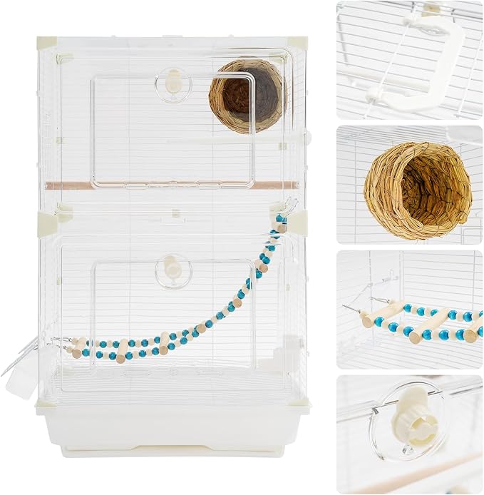 2-Door Wrought Iron Bird Cage Parakeet Cage with Handles, Parrot Cage Pet Birds Flight Cage, 360° View Interactive Birdcages Bird House Travel Cages for 1-3 Birds (25" H, Transparent-B) - Image 7
