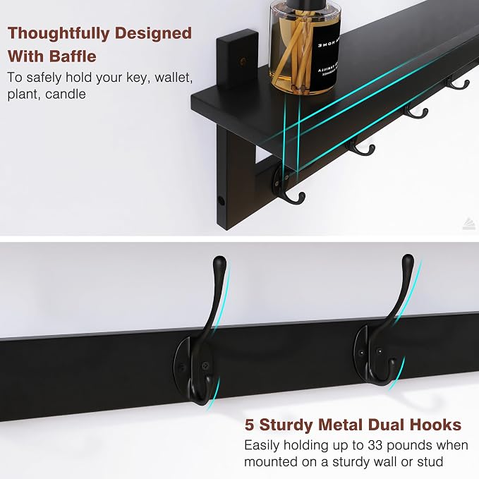 SMIBUY Coat Hooks with Shelf Wall-Mounted, 29.2 Inch Entryway Coat Rack for Wall, Bamboo Hanging Shelf with 5 Double Metal Hooks for Bathroom, Bedroom, Kitchen, Living Room, Mudroom (Black) - Image 2