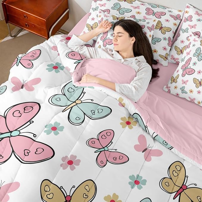 Feelyou Cute Butterfly 7 Piece Bedding Set Kawaii Flower Comforter Set with Sheets for Kids Boys Girls Pink Blue Yellow Bed in a Bag Nutrue Theme Bed Set Soft Lightweight - Image 7