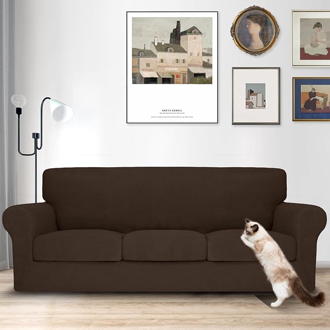 MAXIJIN 4 Piece Couch Covers for 3 Cushion Couch Sofa Covers, Stretch Couch Slipcovers for Sofas with 3 Cushions, Thick 3 Seat Furniture Protector for Dogs Pet (71"-91", Coffee) - Image 2