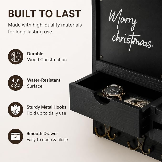 Dvobez Black Farmhouse Key Holder for Wall with Mail Organizer, 6-in-1 Entryway Organizer with Chalkboard, Drawer, Phone Wallet Holder, Top Shelf and 4 Double Hooks - Image 5