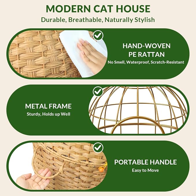 Cat Hidden Litter Box Enclosure Furniture, Handwoven Rattan Cat House with Decorative Faux Plant, Cat Litter Box with Scoop & Sisal Ball, Real Stones for Living Room, Bedroom, Corner Natural - Image 4