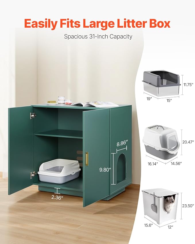 VEVOR Cat Litter Box Enclosure, 31.5 in Hidden Litter Box Cabinet, Wooden Indoor Cat Washroom with Ventilated Holes, Double-Door Kitty Pet House Furniture, End Side Table Fit Most Litterboxes - Image 3