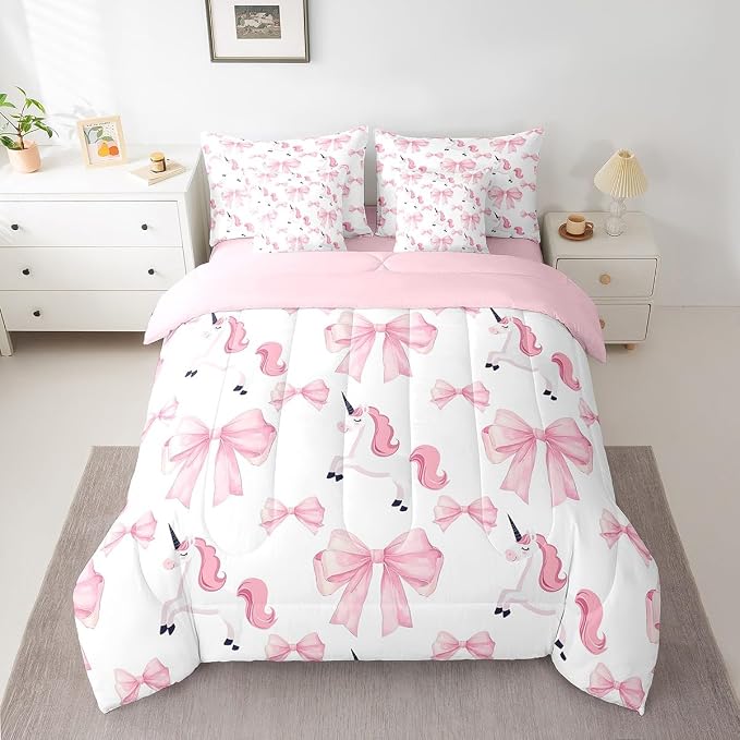 Erosebridal 7 Piece Girls Bowknot Kids Comforter Set Twin Bed in a Bag,Cute Pink Unicorn Bedding Set for Kids Child,Dreamy Princess Style Quilt Comforter,Girly Horse Bow Tie Valentine Duvet Insert - Image 2