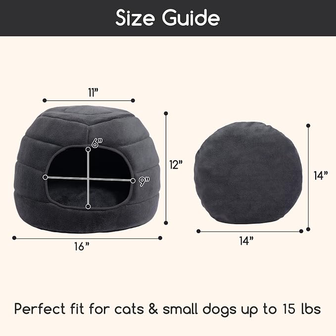 Hollypet Cat Bed Cave for Indoor Cats for Pets up to 15 lbs, Gray | Warm Cat Bed Cats Igloo Cave Condo, Covered Kitty House with Removable Washable Cushion, Cozy Enclosed Pet Bed for Small Dogs - Image 3