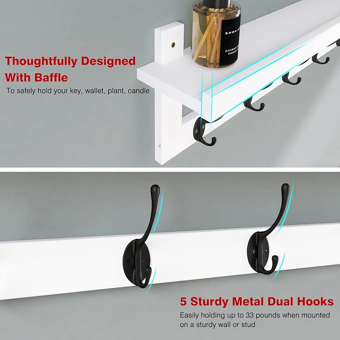 SMIBUY Coat Hooks with Shelf Wall-Mounted, 29.2 Inch Entryway Coat Rack for Wall, Bamboo Hanging Shelf with 5 Double Metal Hooks for Bathroom, Bedroom, Kitchen, Living Room (White + Black) - Image 6