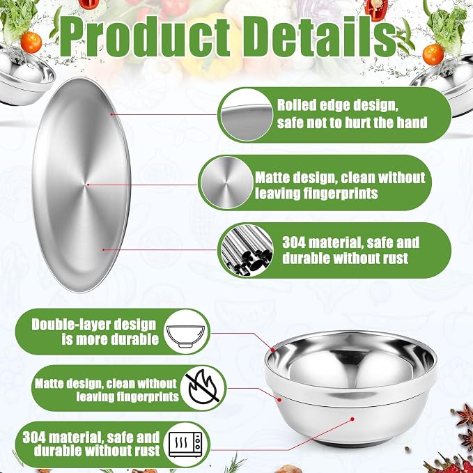 Sunnyray 304 Stainless Steel Plates and Bowls Metal Camping Plates Reusable 13 oz Steel Snack Bowls Dinner Dishes Double Walled Insulated Metal Dinnerware(10 Sets,8 x 8 Inch) - Image 3