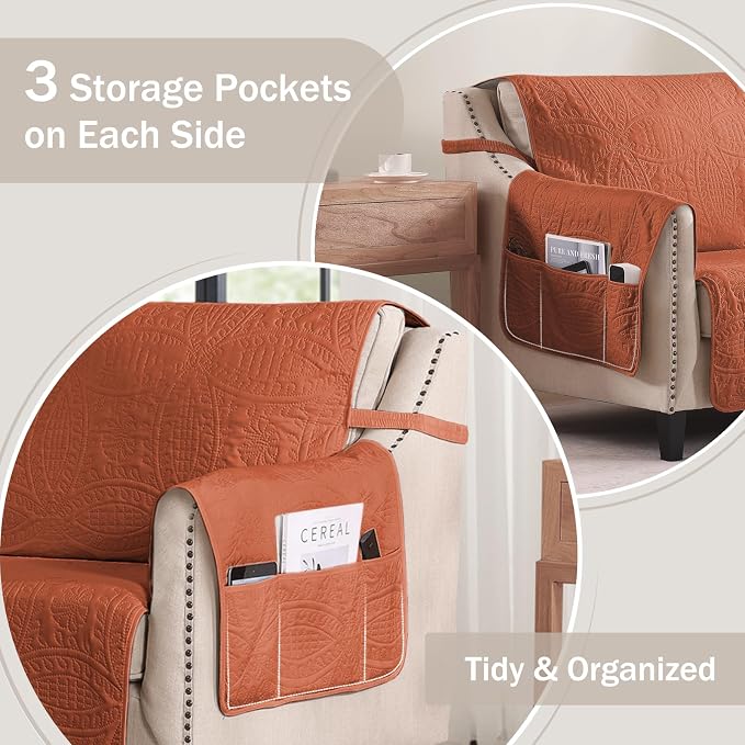 Orange Quilted Recliner Covers, Waterproof Recliner Chair Covers, Lazy Boy Chair Covers, Pet Friendly Recliner Slipcover for Dogs, Washable Sofa Couch Cover (Recliner 22", Burnt Orange) - Image 4