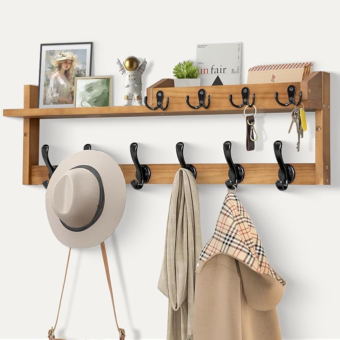 Coat Rack Wall Mount with Shelf, 27.5" Entryway Wall Hanging Shelf, Coat and Key Hanger with 10 Dual Hooks, Mail Organizer and Key Holder Hat Rack for Wall, Wood Coat Hooks with Storage by GODDGITT