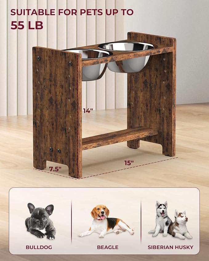 Vantic Elevated Dog Bowls, Adjustable Bowl Stand Medium, Rustic Brown | Particle Board Raised Dog Bowl Stand with 2 Stainless Steel Bowls for Medium Dogs - Image 6