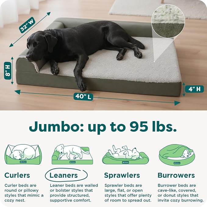FurHaven Orthopedic Dog Bed for Large Dogs, L-Shaped Chaise Mattress with Orthopedic Egg Crate & Solid Orthopedic Foam Base for Joint Support, Washable Cover, Jumbo XL, Faux Fur & Suede, Dark Sage - Image 3