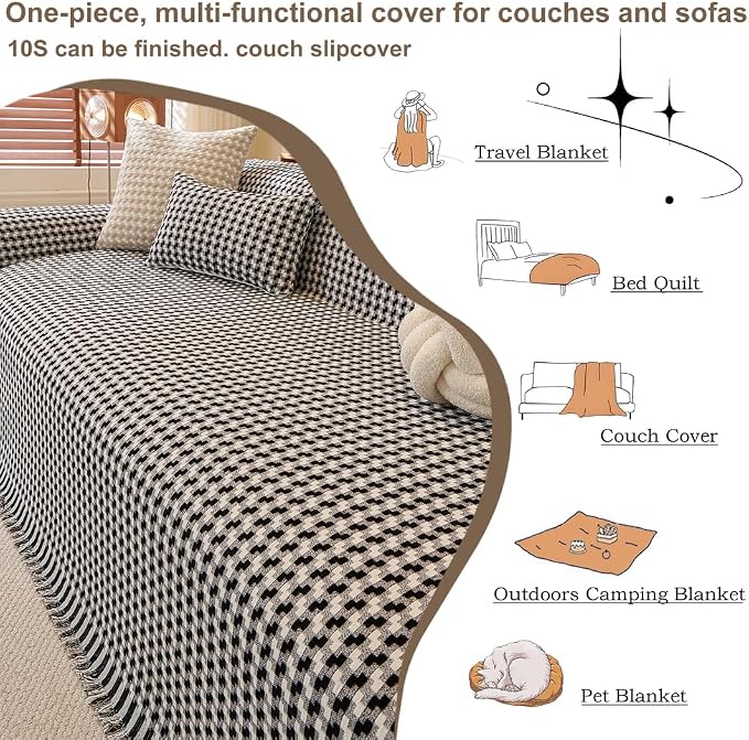 ROOMLIFE Thicked Checkered Boho Black Couch Cover for 2-3 Cushion Sofa, Chenille Sofa Slipcovers Sectional Sofas Covers for Dog, Non Slip Washable Furniture Protector Soft with Tassel 71''X118'' - Image 7