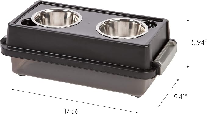 IRIS USA Elevated Dog Bowls with Storage, 6" H Raised Feeding Station, Dog Bowl Stand with Airtight Food Storage Holds 5 lbs, 4 Removable 16 oz Stainless Steel Food and Water Bowls, Smoke/Black - Image 2